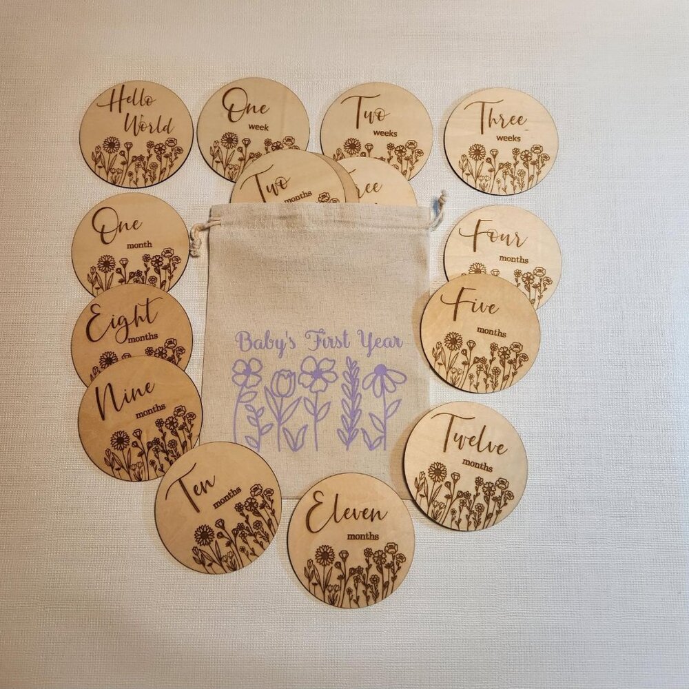 Wildflower Baby Milestone Markers, Laser Engraved Birch Wood Rounds